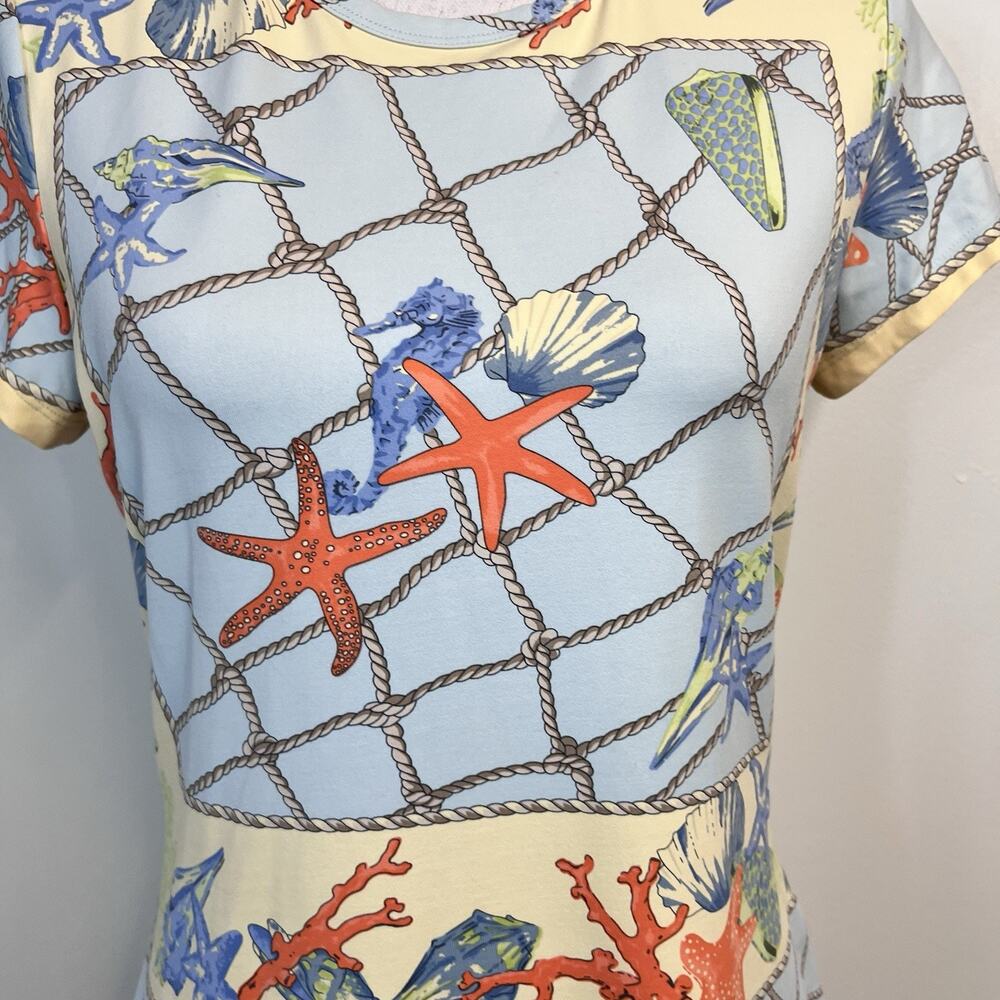 J. McLaughlin Top T Shirt size Small Blue Orange Starfish Shells Ocean Beach - Picture 4 of 8